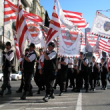 Hungarian Guard marching with Árpád-striped and other flags during protest of the 1920 Treaty of Trianon (6/13/2009).