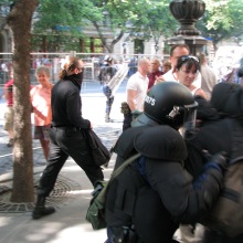Anti-gay demonstrators attempt to flee police after assaulting the annual Budapest Pride parade (7/5/2008).