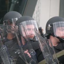 Riot cops protect participants in Budapest Pride parade from anti-gay demonstrators (7/5/2008).