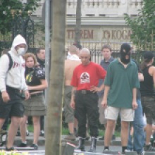 Anti-gay demonstrators confront riot police at annual Budapest Pride parade (7/5/2008).
