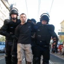 Riot cops detain anti-gay demonstrator at the Budapest Pride parade (7/7/2007).