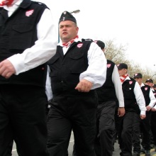 Column of Hungarian Guard members marches through the City Park on its way to the organization's commemoration of the March 15 national holiday on Heroes' Square (3/15/2008)