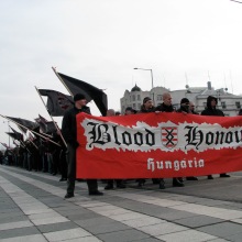 Members of the Hungarian chapter of Blood and Honor at Hungarist rally on Heroes' Square (2/14/2009).