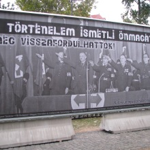"History Repeats Itself." Hungarian Jewish Federation sign at Hungarian Guard initiation ceremony (9/21/2007).