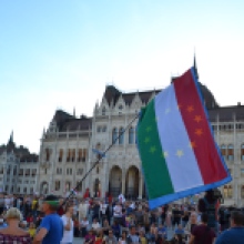 Demonstrator with Hungarian national flag and European Union flag together.